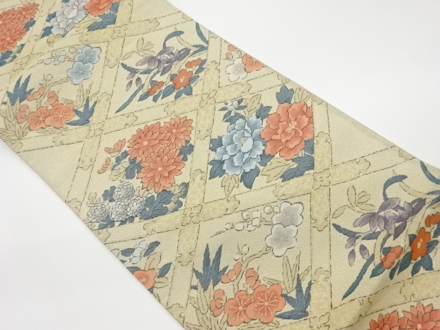 リサイクル　格天井に花模様織出し袋帯